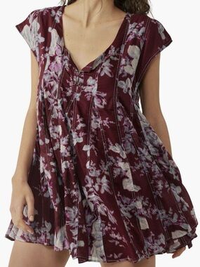 Free People Sully Seamed Mini Dress, Burgundy and Blue Floral, like new